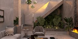 Warm Villa Living Room with Beige Marble, Gray Velvet, ...