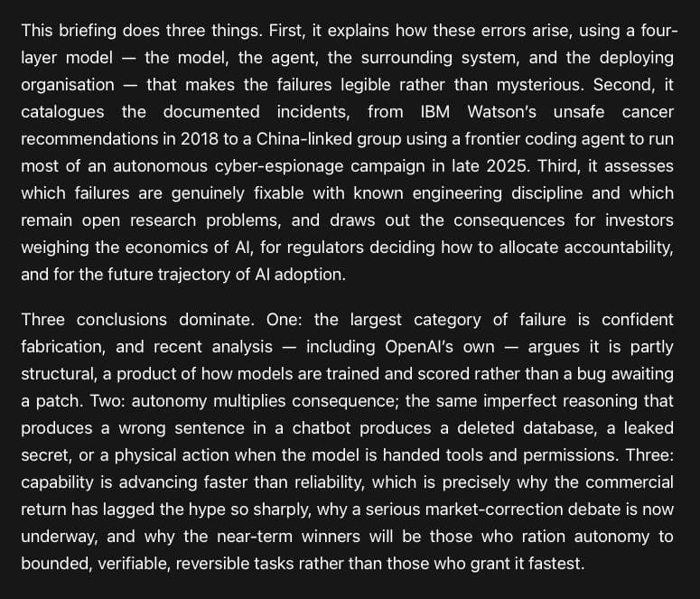 Failures of AI Agents and Generative-AI Systems: Reported Incidents, Root Causes, Fixability, and the Implications for Investors, Regulators, and Adoption. Serious failures are almost always systemic.