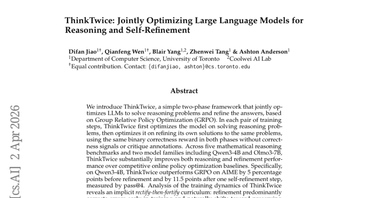 ThinkTwice: Jointly Optimizing Large Language Models for Reasoning and Self-Refinement