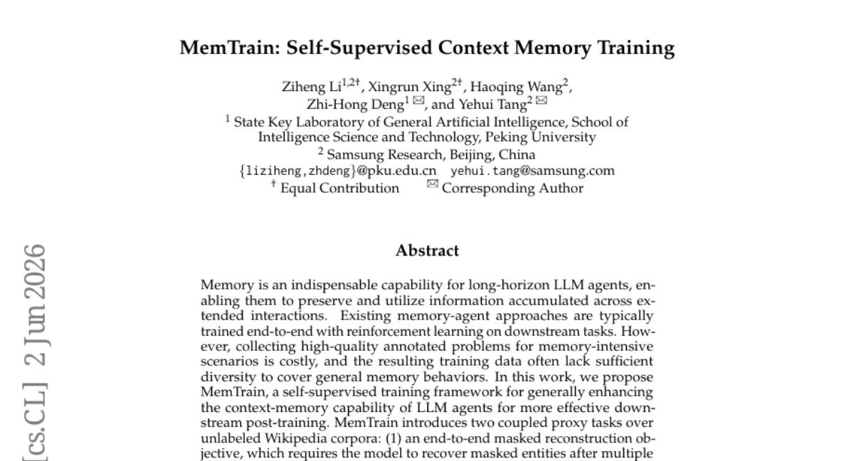 MemTrain: Self-Supervised Context Memory Training