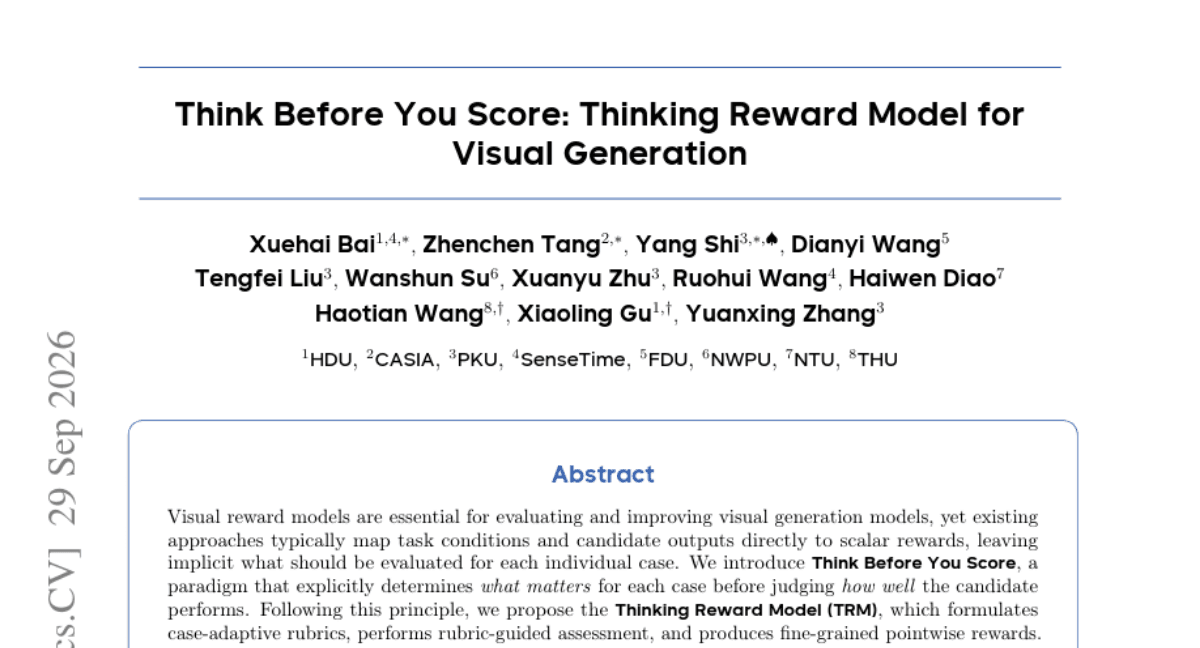 Think Before You Score: Thinking Reward Model for Visual Generation
