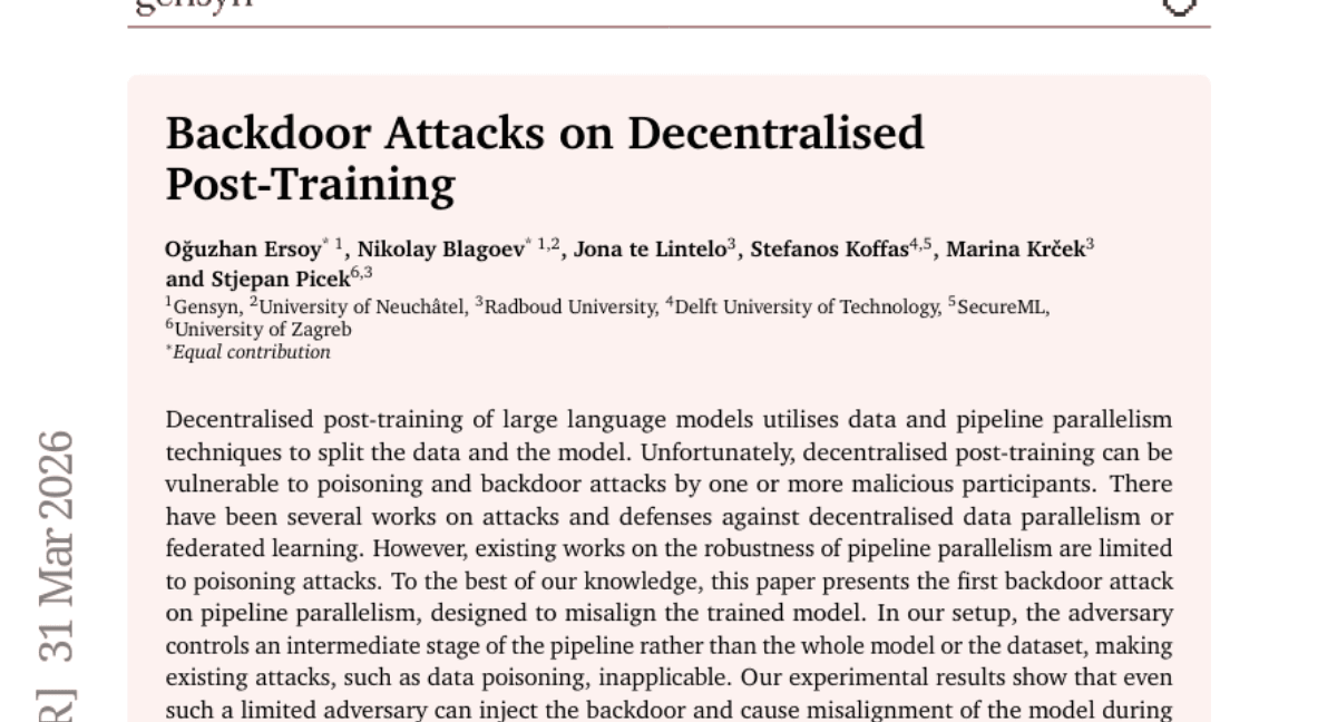 Backdoor Attacks on Decentralised Post-Training