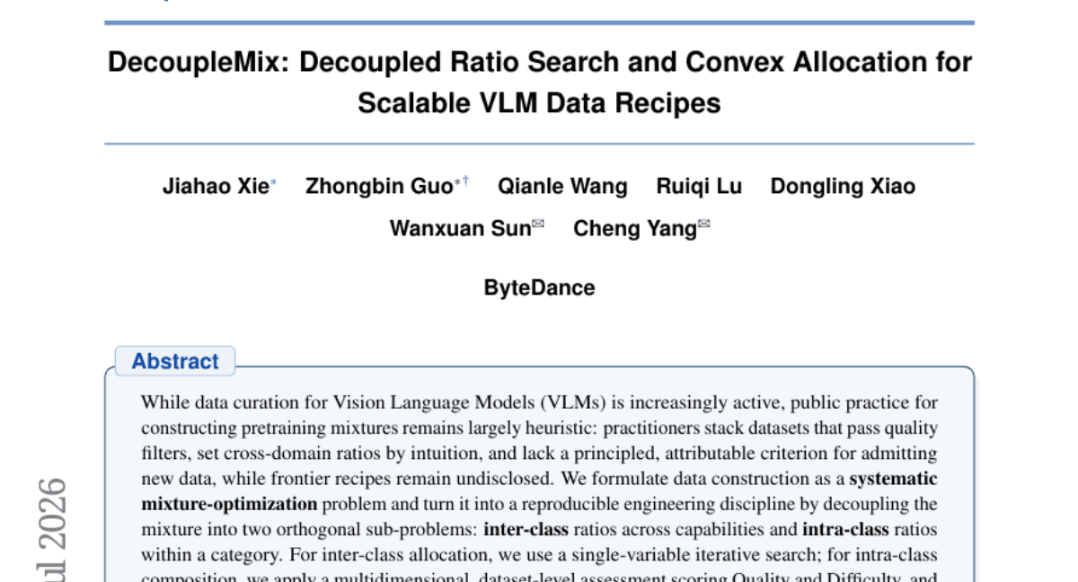 DecoupleMix: Decoupled Ratio Search and Convex Allocation for Scalable VLM Data Recipes