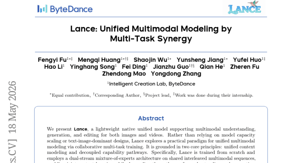 Lance: Unified Multimodal Modeling by Multi-Task Synergy