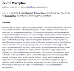 @_akhaliq: Falcon Perception

paper: https://t.co/PaIZQm2x11 https://t.co/ujcECRAexm