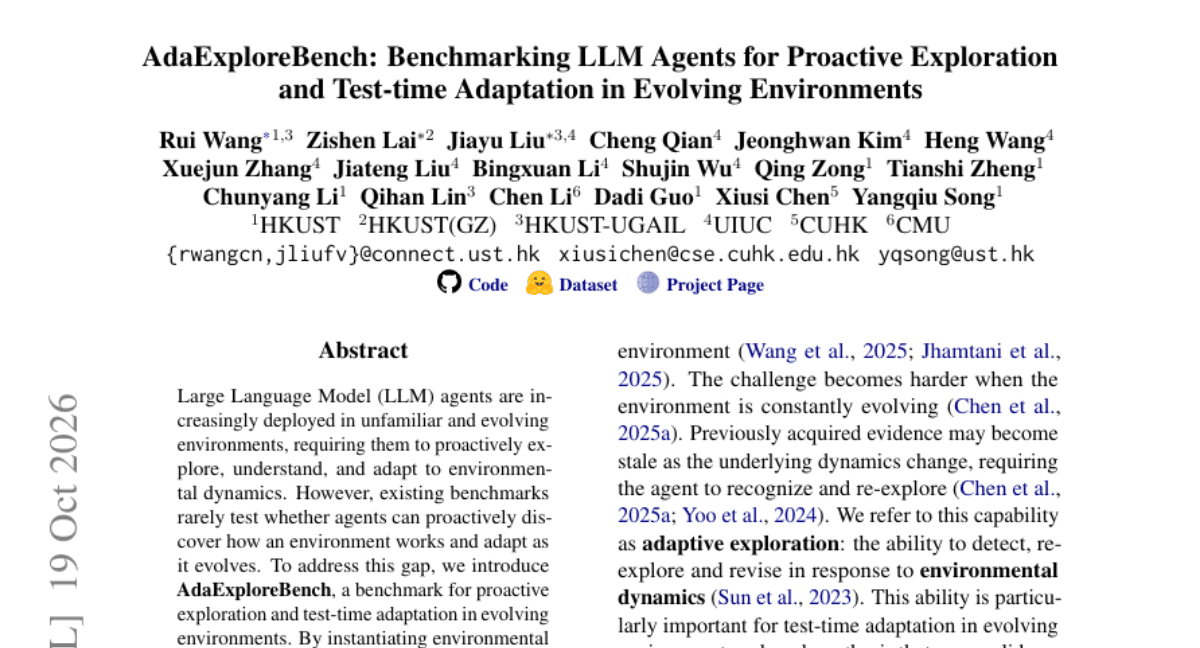 AdaExploreBench: Benchmarking LLM Agents for Proactive Exploration and Test-time Adaptation in Evolving Environments