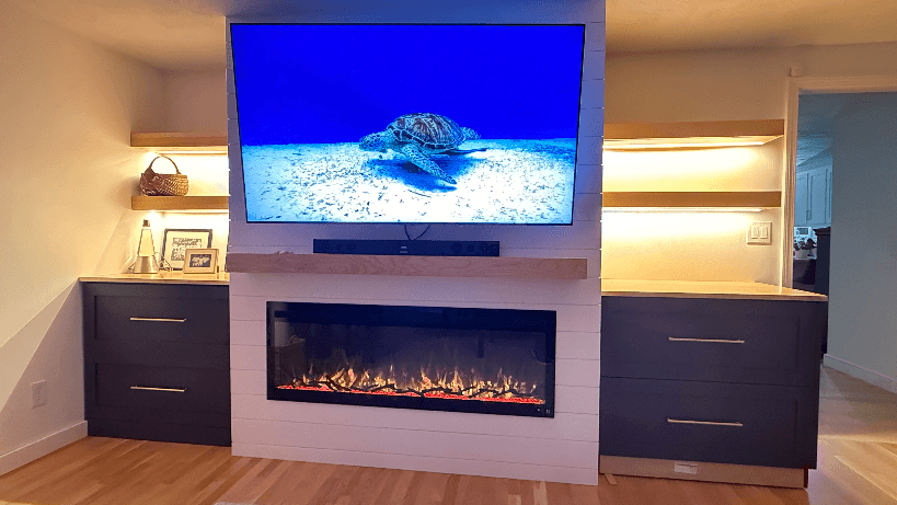 Shiplap enclosure with fireplace insert