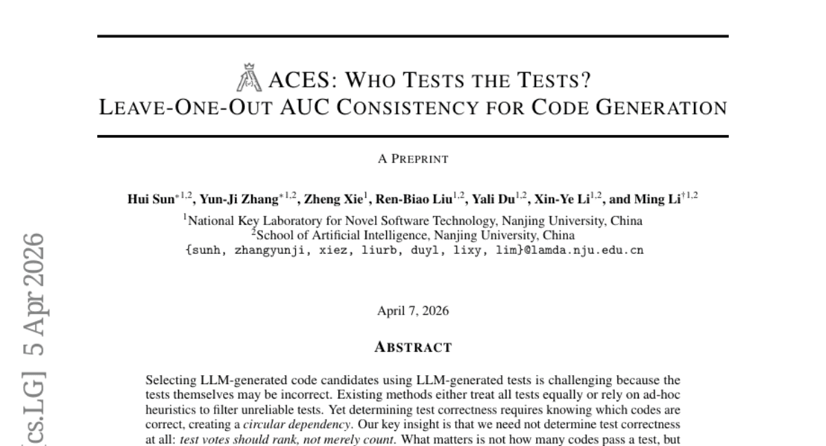 ACES: Who Tests the Tests? Leave-One-Out AUC Consistency for Code Generation
