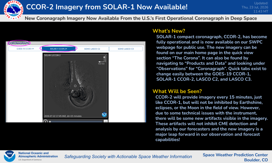 SOLAR-1 CCOR-2 Now Fully Operational and on Our Webpage