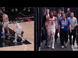 Jalen Brunson knee injury and limps to locker room after Shamet hit Barnes into him
