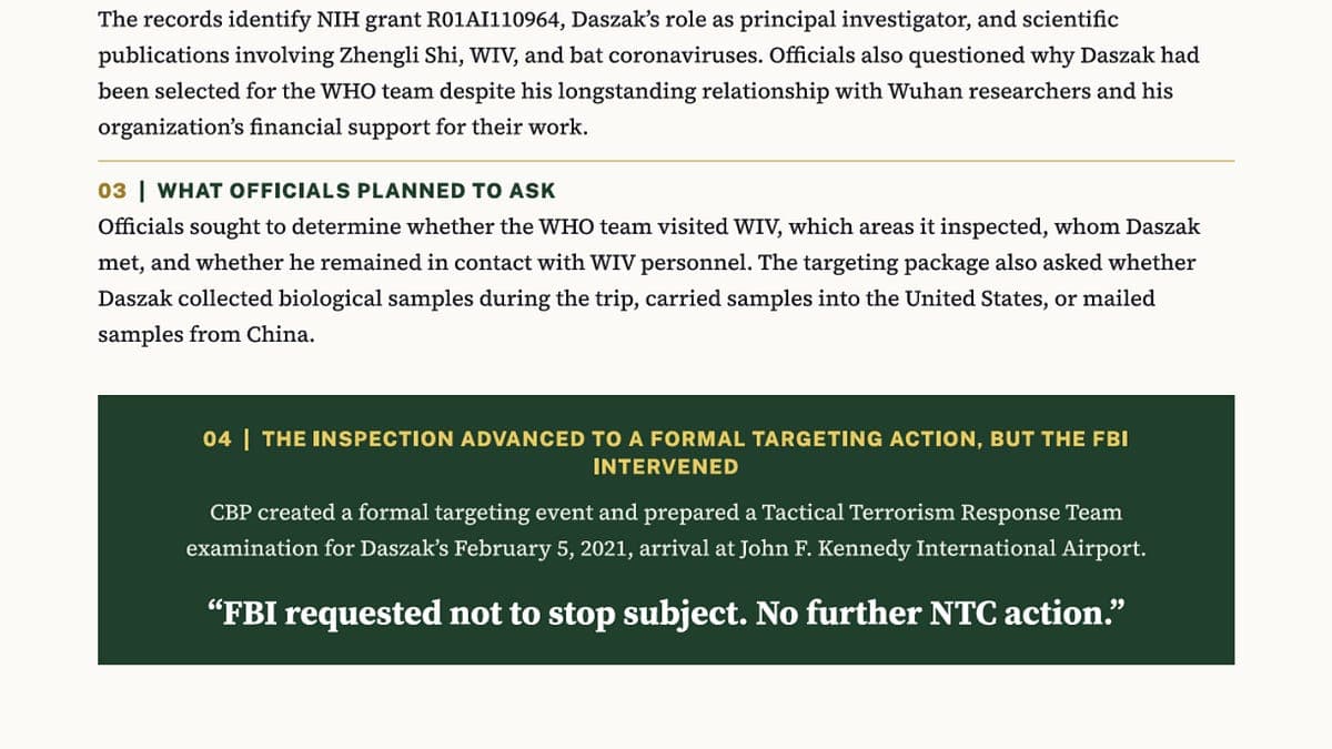 CBP Flagged Peter Daszak at the Border. The FBI Told Them to Stand Down.