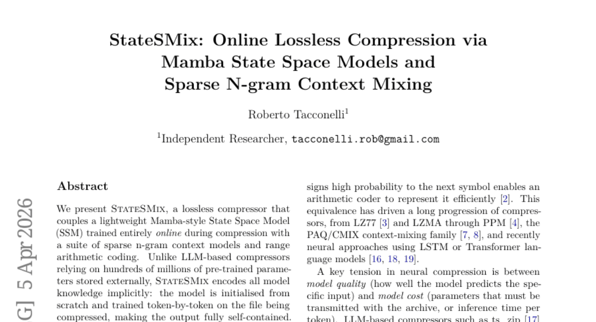 StateSMix: Online Lossless Compression via Mamba State Space Models and Sparse N-gram Context Mixing