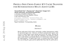 Prefill-Free Cross-Family KV Cache Transfer for Heterogeneous Multi-Agent LLMs