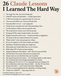 @rubenhassid: 26 Claude rules I learned the hard way:

(so you don't have to)

1. The chat
☑ The longer your chat,...