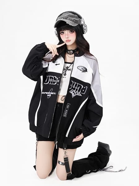 Sweet‑Cool Kawaii Black & Gray Biker Jacket with Embroidery Details