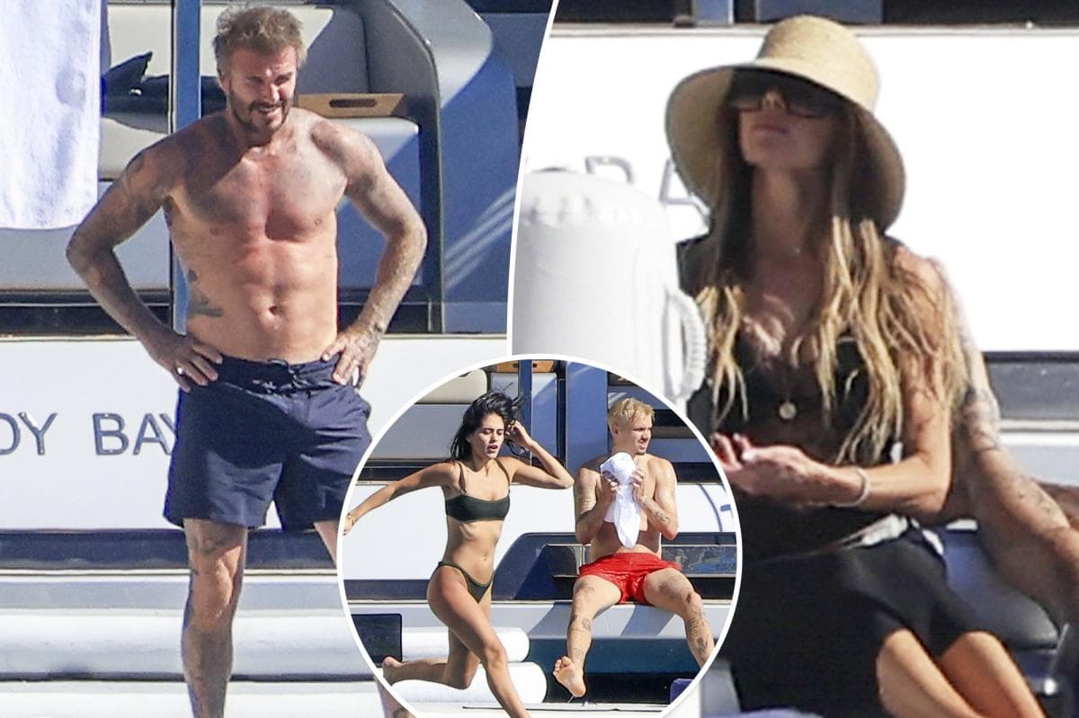 Bikini-clad Victoria Beckham and shirtless David celebrate holiday on lavish yacht in Ibiza