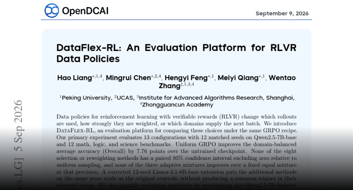 DataFlex-RL: An Evaluation Platform for RLVR Data Policies
