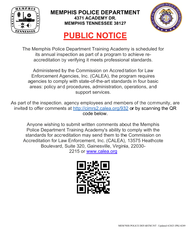 2026 CALEA Inspection Public Notice - Memphis Police Department