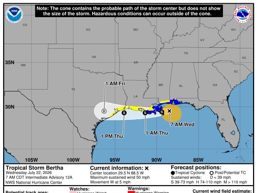 Bertha beginning to slowly decline with very modest impacts to Louisiana and Texas expected