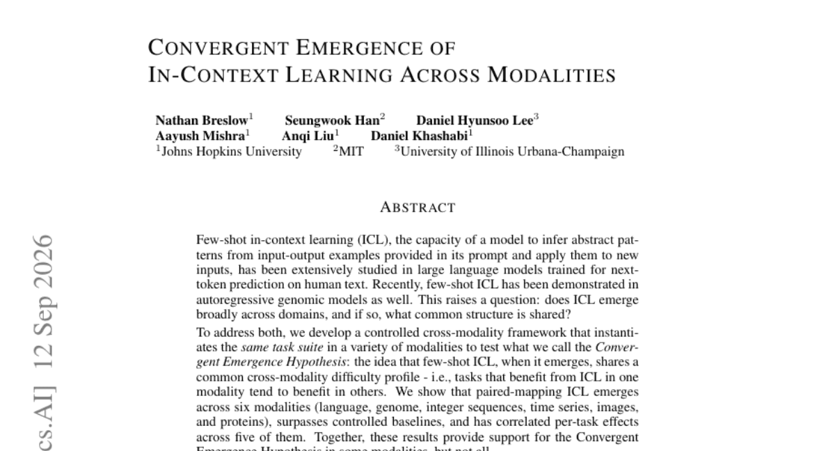 Convergent Emergence of In-Context Learning Across Modalities