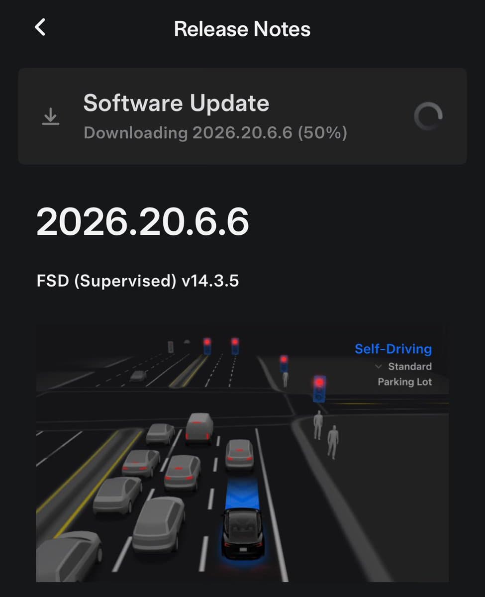 Tesla FSD v14.3.5 Rolling Out in 2026.20.6.6