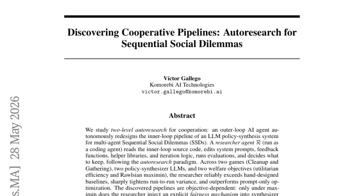 Discovering Cooperative Pipelines: Autoresearch for Sequential Social Dilemmas