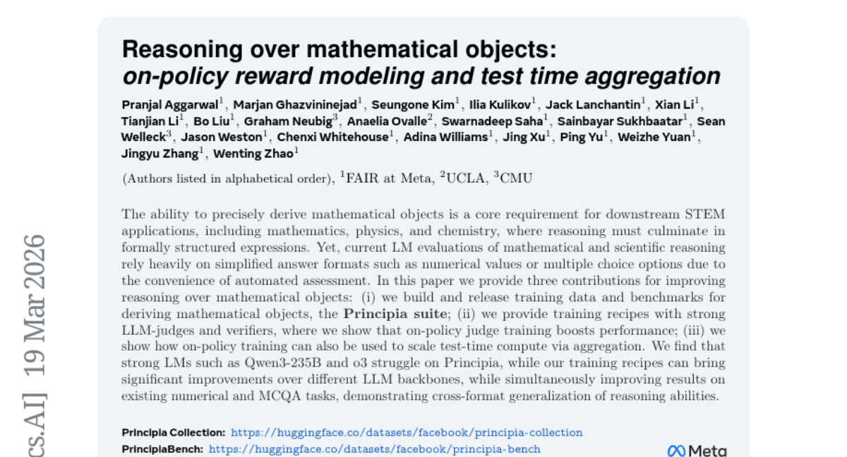 Reasoning over mathematical objects: on-policy reward modeling and test time aggregation