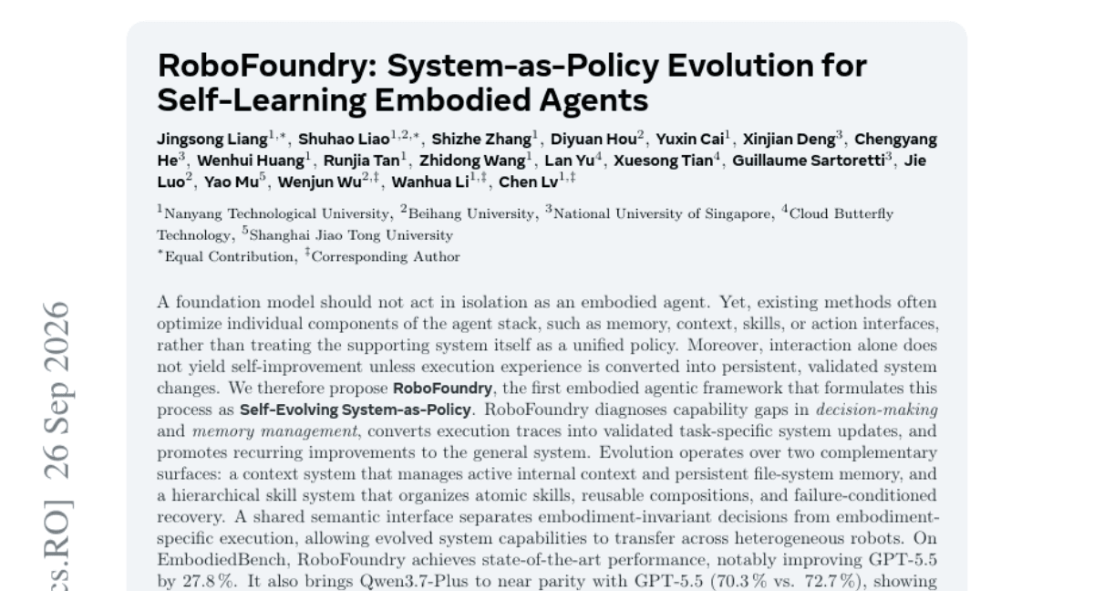 RoboFoundry: System-as-Policy Evolution for Self-Learning Embodied Agents