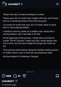 @RapSheet: NFL veteran RB Nick Chubb has announced his retirement. 
https://t.co/P5ba01302L https://t.co/FRquDA...