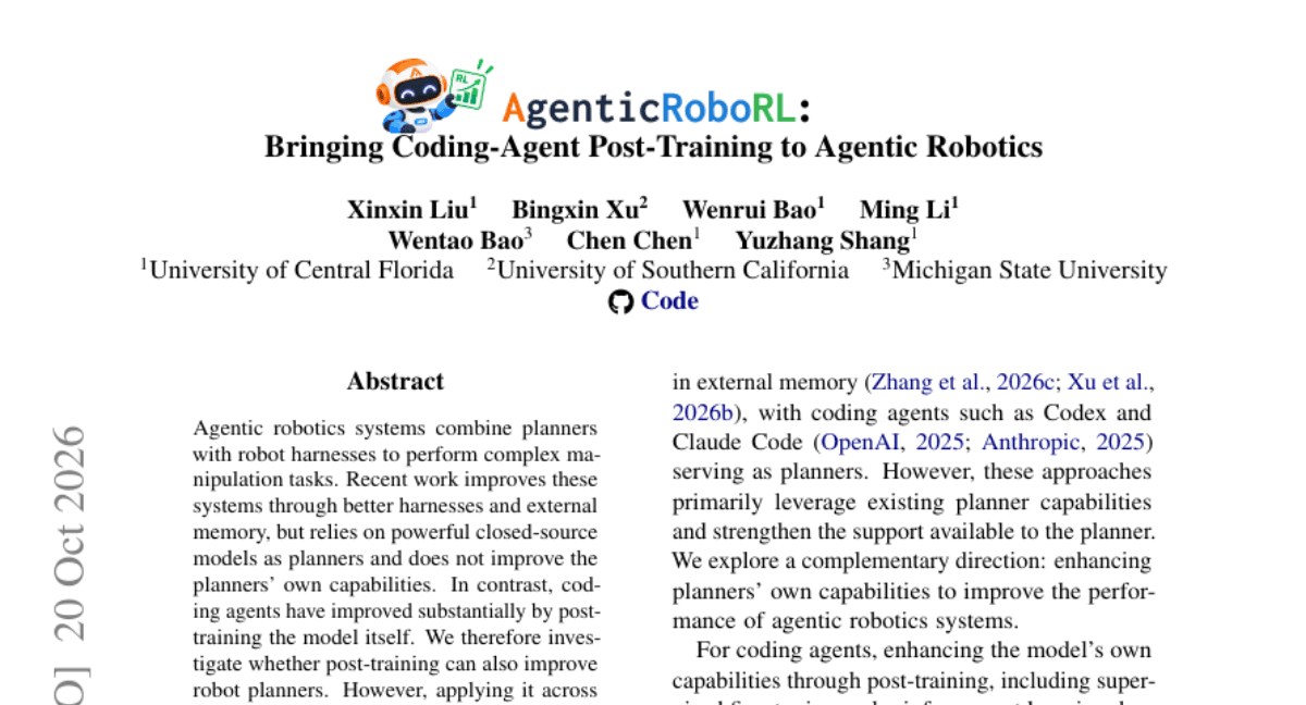 AgenticRoboRL: Bringing Coding-Agent Post-Training to Agentic Robotics