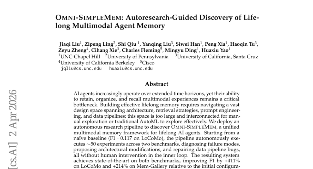 Omni-SimpleMem: Autoresearch-Guided Discovery of Lifelong Multimodal Agent Memory
