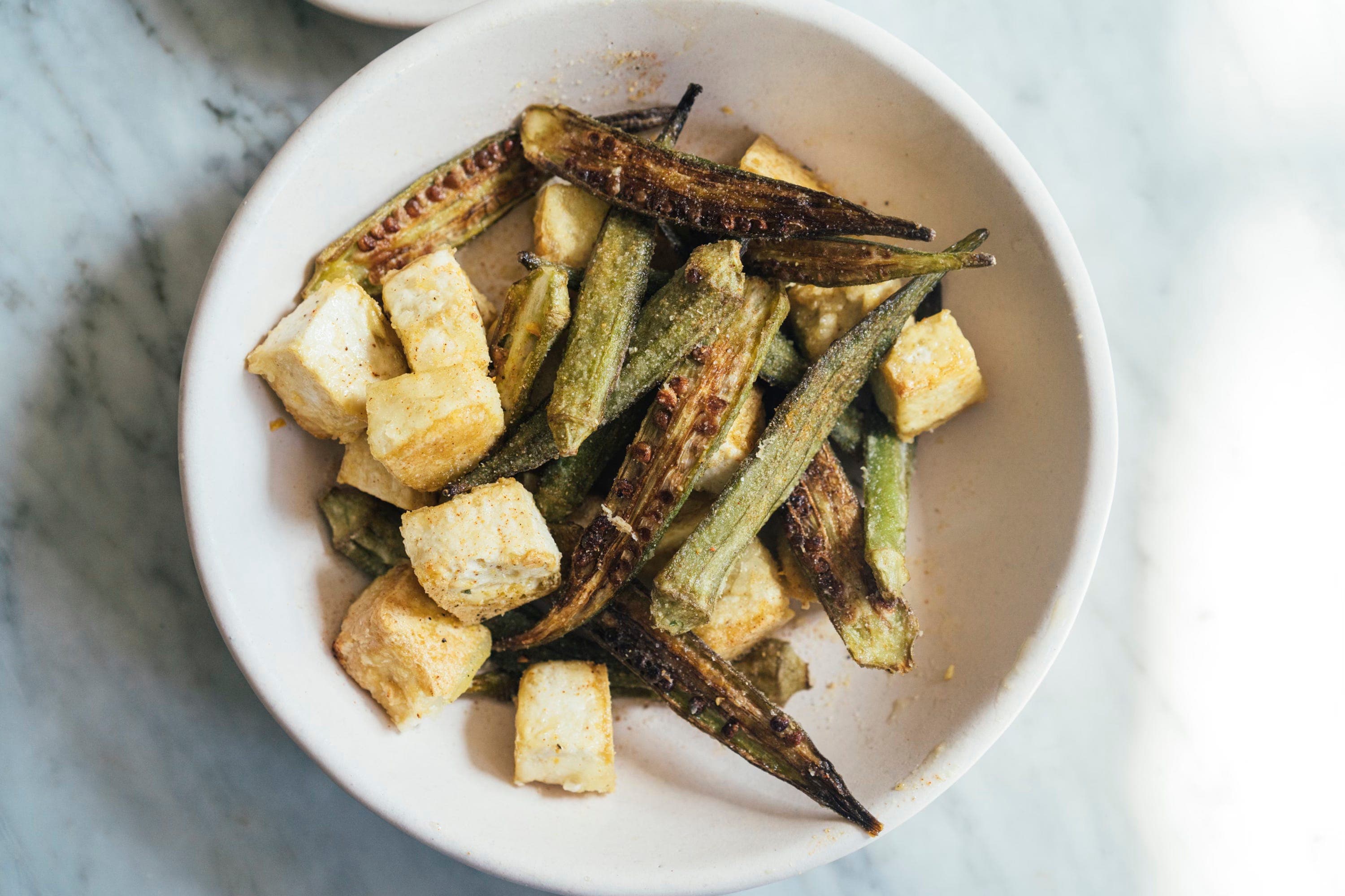 Crispy okra and tofu with chicken salt