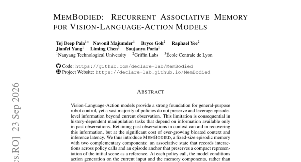 MemBodied: Recurrent Associative Memory for Vision-Language-Action Models