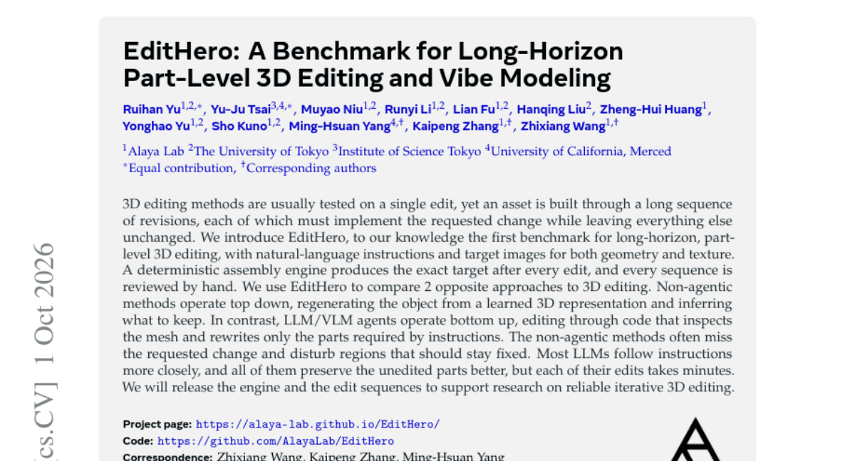 EditHero: A Benchmark for Long-Horizon Part-Level 3D Editing and Vibe Modeling