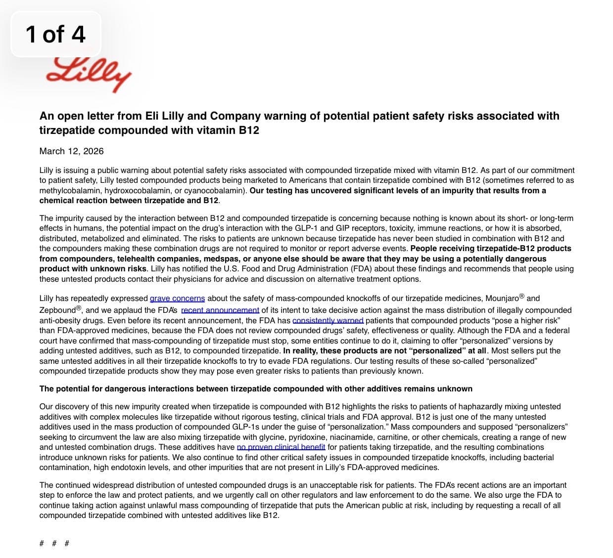 Lilly Says It Found “Impurities” in Tirzepatide + B12. Patients Deserve More Than a Vague Warning.
