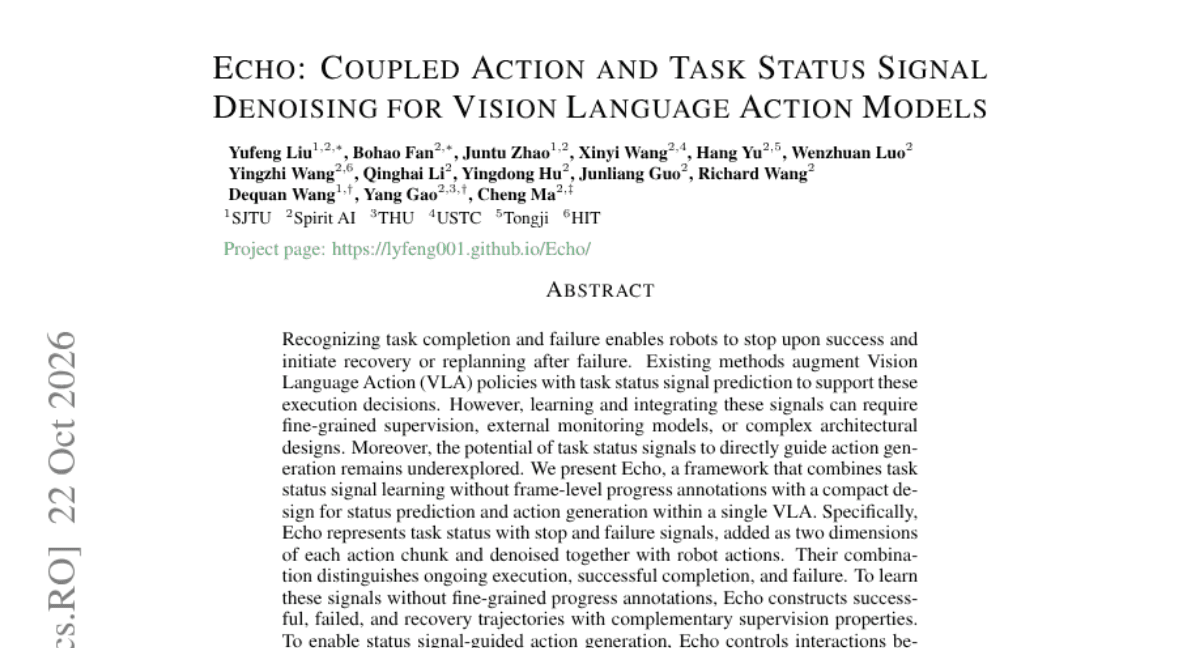 Echo: Coupled Action and Task Status Signal Denoising for Vision Language Action Models
