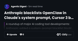 Anthropic blacklists OpenClaw in Claude's system prompt,...