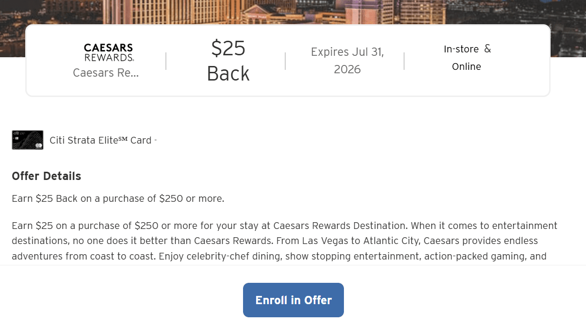Caesars Rewards spending offers: $40 back from Amex and $25 back from Citi