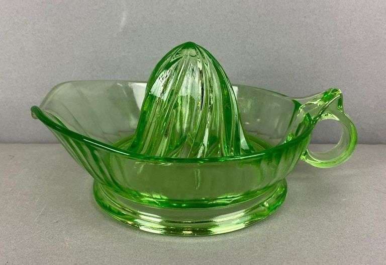 Vintage Green Uranium Glass Juicer - Matthew Bullock Auctioneers