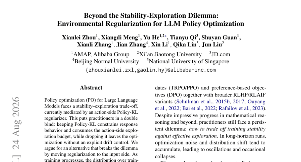 Beyond the Stability-Exploration Dilemma: Environmental Regularization for LLM Policy Optimization