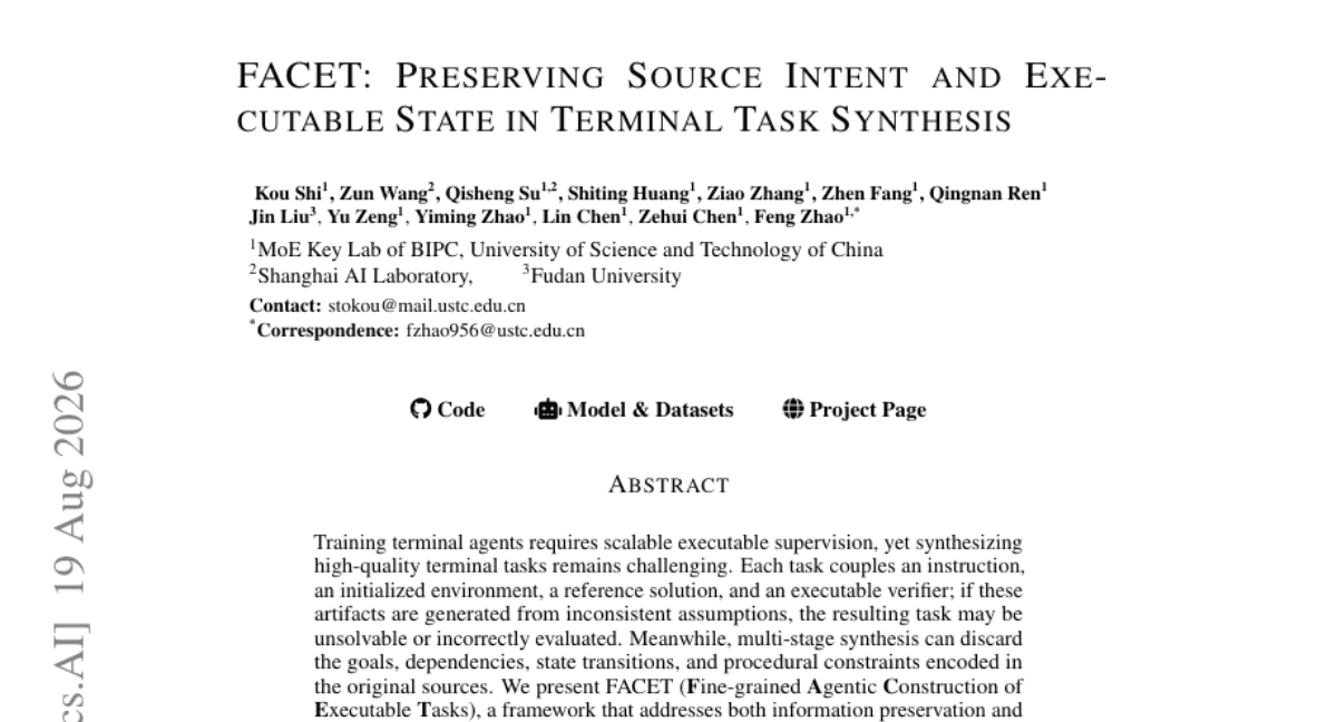 FACET: Preserving Source Intent and Executable State in Terminal Task Synthesis