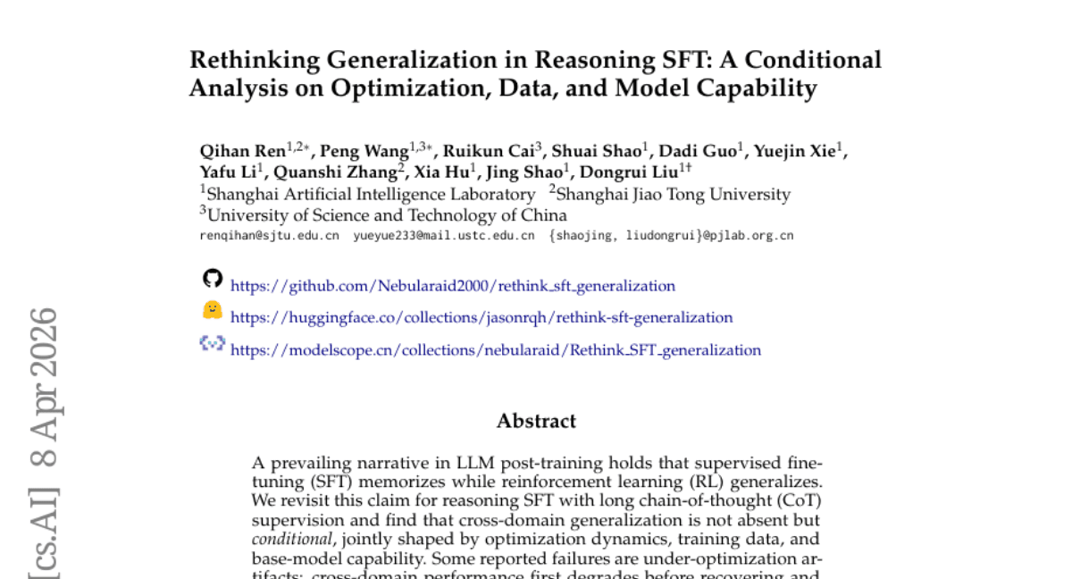 Rethinking Generalization in Reasoning SFT: A Conditional Analysis on Optimization, Data, and Model Capability