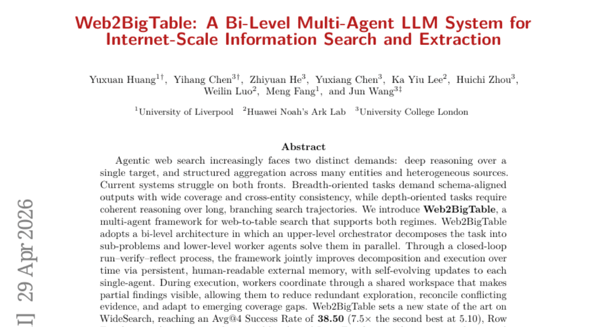 Web2BigTable: A Bi-Level Multi-Agent LLM System for Internet-Scale Information Search and Extraction