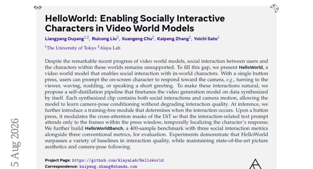 HelloWorld: Enabling Socially Interactive Characters in Video World Models