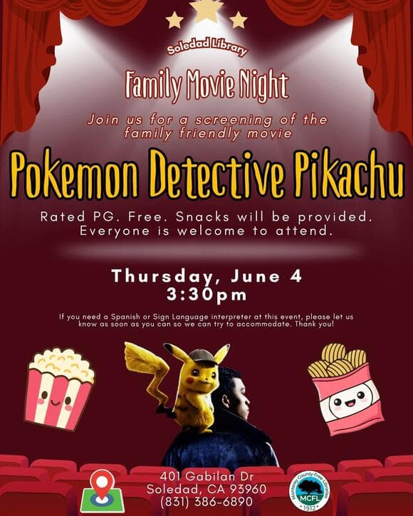 Family Movie Night at Soledad Library June 4