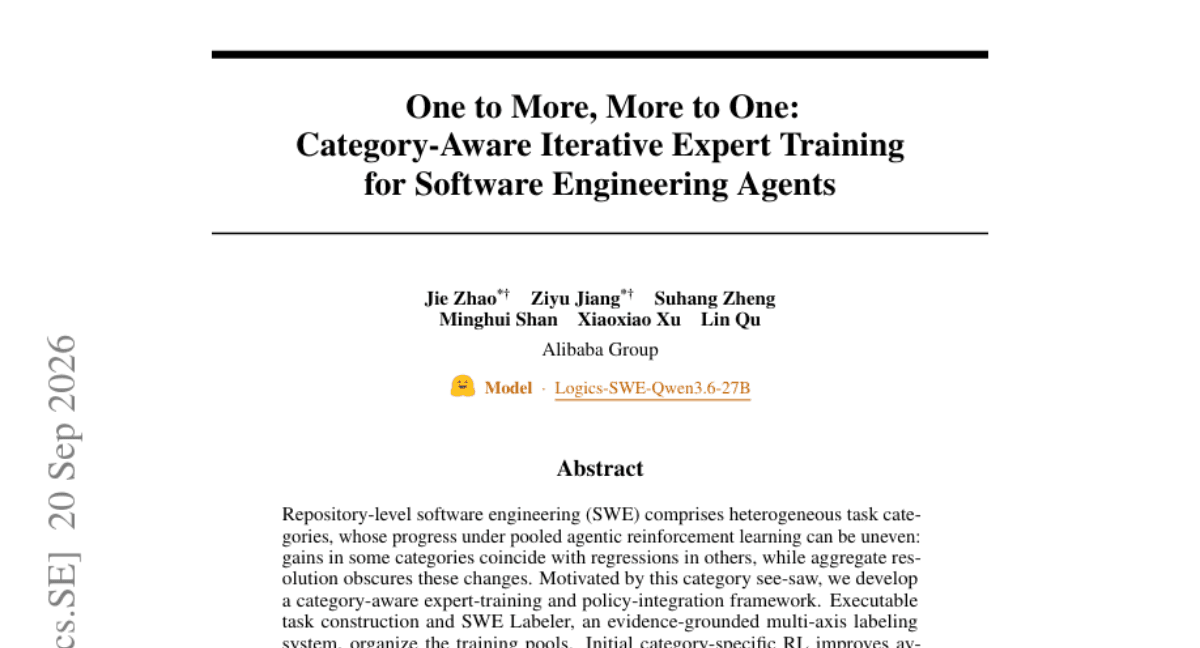 One to More, More to One: Category-Aware Iterative Expert Training for Software Engineering Agents
