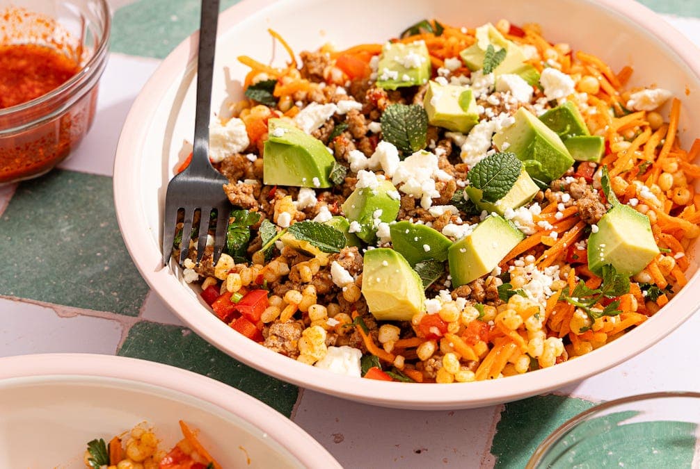 honey harissa turkey bowls with couscous carrot salad 