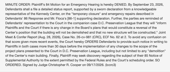 BOOM!! Court Re-Blocks Trump & Co. - Responds to Threat to Tear Down Kennedy Center