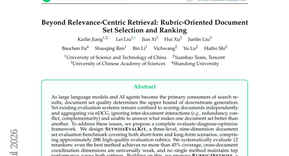 Beyond Relevance-Centric Retrieval: Rubric-Oriented Document Set Selection and Ranking