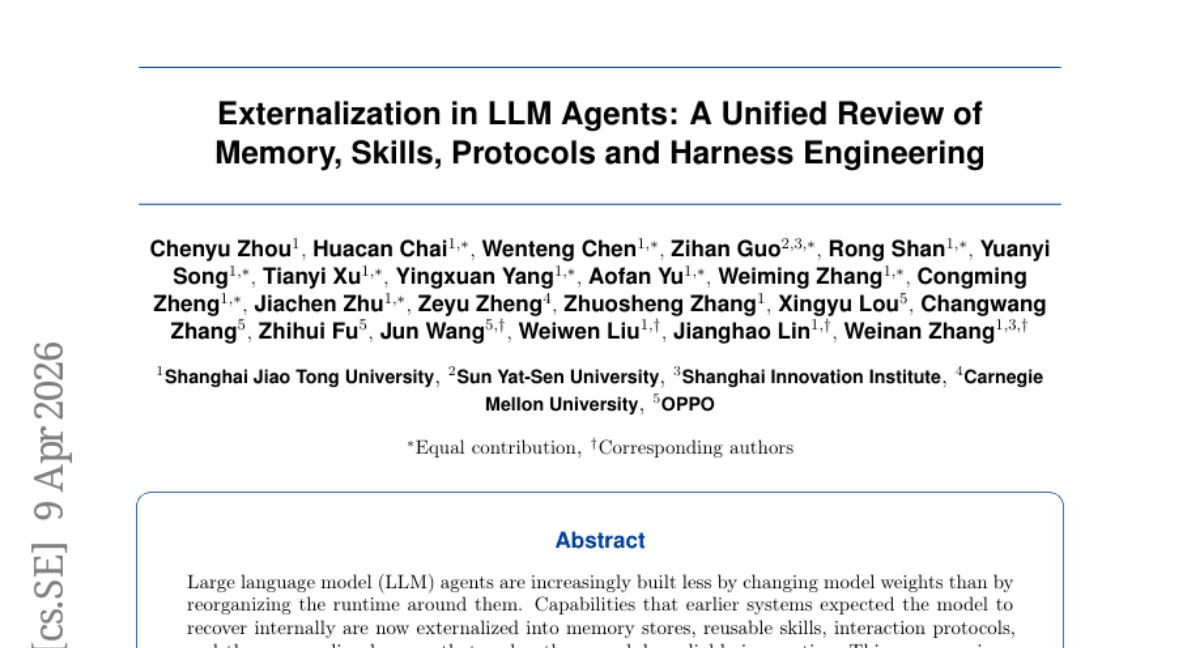 Externalization in LLM Agents: A Unified Review of Memory, Skills, Protocols and Harness Engineering